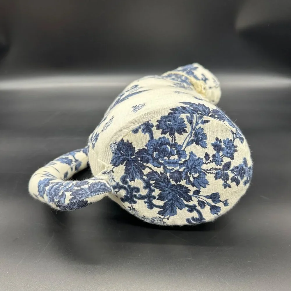 Handmade Stuffed Cat Blue White Floral Fabric Kitty Decorative Retro Flowers - Picture 6 of 8